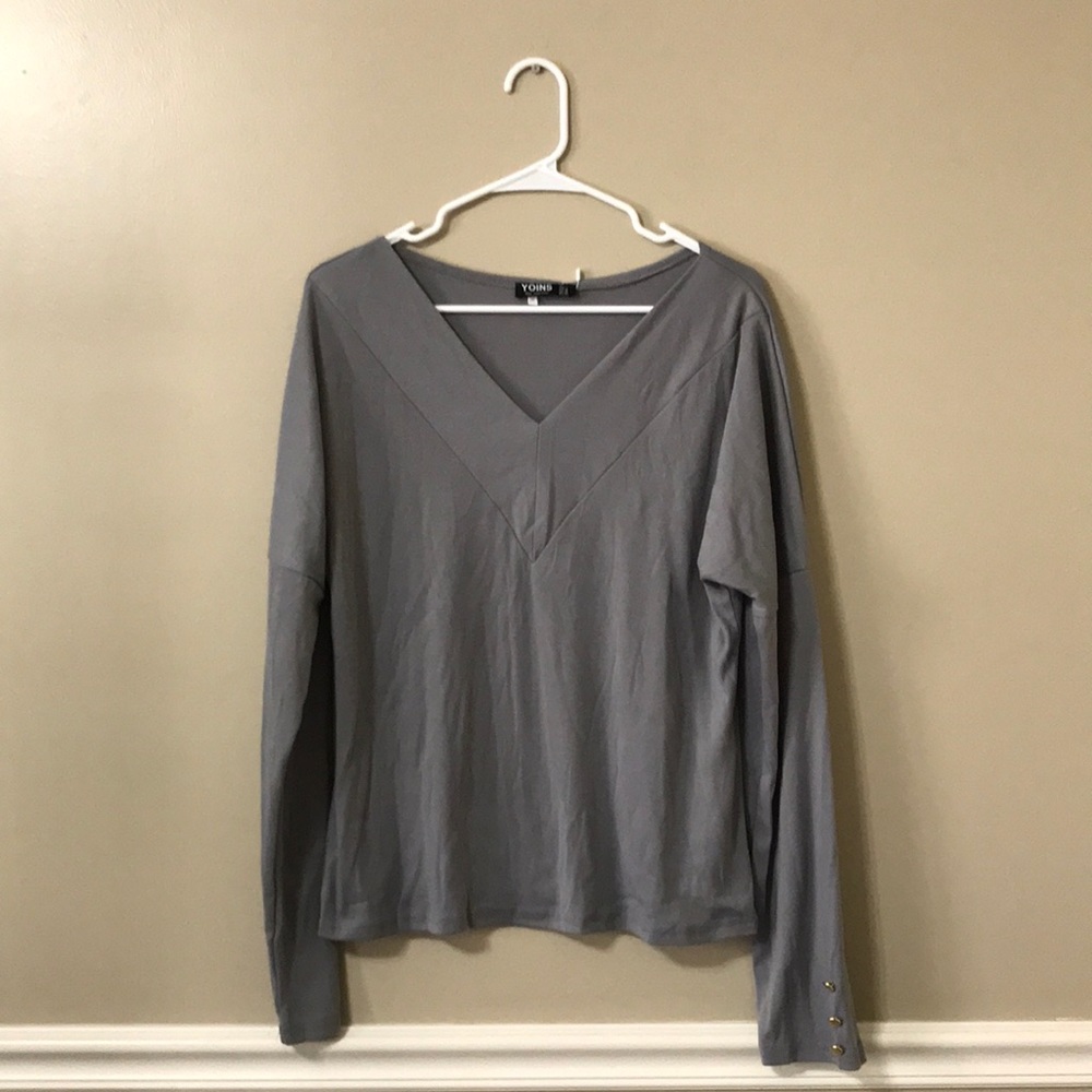 Yoins V-Neck Grey Long Sleeve Top
